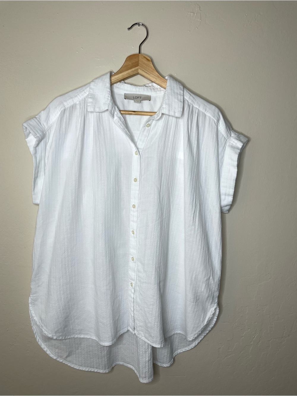 LOFT White Gauze Short Sleeve Button-Down Shirt